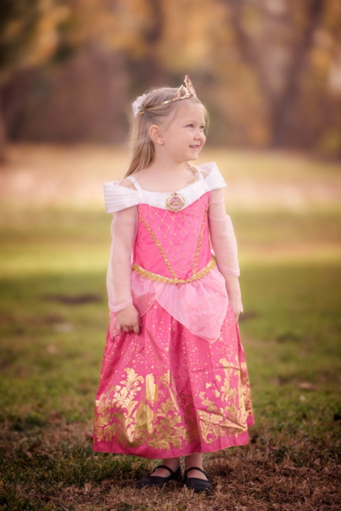 Little girl in princess dress walking through field